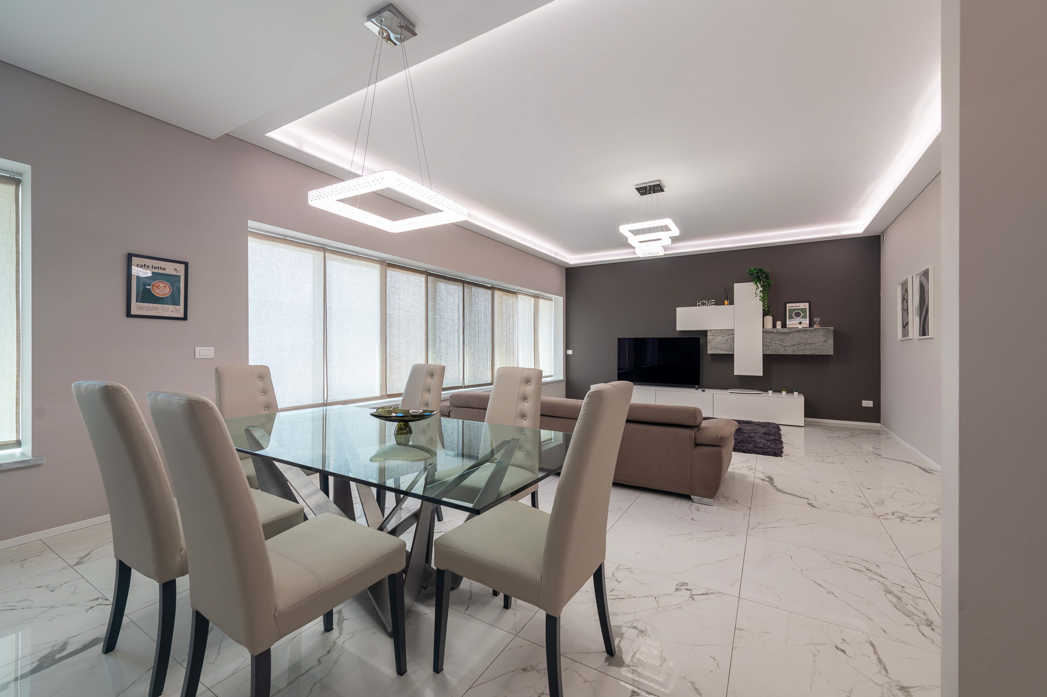 Wide view of living and dining area