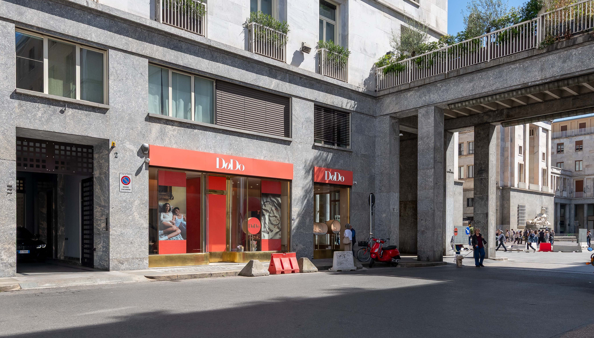 Exterior view of the building with ground-floor shops
